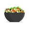 Fresh greek salad in big bowl, side view. Tomato, sweet pepper, onion, greens, cheese, olives, cucumber, mixed in plate. Vector fl