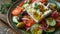 Fresh greek salad close up on rustic plate with olive oil dressing in natural light setting