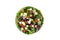 Fresh Greek salad in Plate with black olive,tomato,feta cheese, cucumber and onion isolated