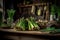 Fresh green asparagus in the dark kitchen, brown cabinet