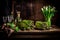 Fresh green asparagus in the dark kitchen, brown cabinet