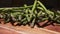 Fresh green asparagus falls on a wooden board