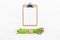 Fresh green asparagus with paper clipboard mockup