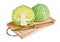 Fresh green cabbage with knife on wooden board