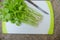 Fresh green celery vegetable and knife on block