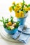 Fresh green dandelion salad on blue bowl