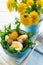 Fresh green dandelion salad on blue bowl