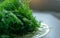 Fresh green dill branches, selective focus, close-up. Dill branches prepared for salad or freezing. Benefits of fresh greens for