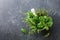 Fresh green garden herbs in mortar bowl on black stone table top view. Thyme, rosemary, basil, and tarragon for cooking.