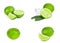 Fresh green juicy limes, lime slices, ice and mint leaves set isolated on white background.