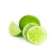 Fresh green juicy limes and lime slices isolated on white background.