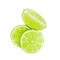 Fresh green juicy limes and lime slices isolated on white background.