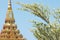 Fresh green leave branch and beautiful golden pagoda in temple at Thailand