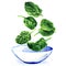 Fresh green leaves of spinach falling into white bowl of salad, hand drawn watercolor illustration on white