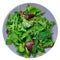 Fresh green mixed salad with spinach, rucola, romaine and lettuce, on white background, top view