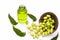 Fresh green neem fruit of Indian Lilac fruit in a clay bowl isolated on white along with its oil in a transparent glass bottle.