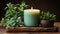Fresh green plant leaf on wooden table, candle flame flickers generated by AI