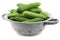 Fresh green snack cucumbers in an enamel colander