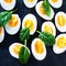 Fresh green spinach baby leaves and boiled eggs cut in a half on