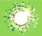 Fresh green spring background floral concept with round golden frame, leaves, daisies and crocus