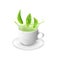 Fresh green tea leaves falling on white porcelain cup with green liquid splash