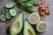 .Fresh green vegetables ready on cutting board, avocado,Cucumbers, Chia seed served in a bawl for breakfast. Gluten free meal,