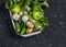 Fresh green and white vegetables - cucumbers, peppers, radish, radish, garlic, onion, potato, zucchini on a dark background.