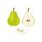 Fresh, green whole and halved pear, leaves, fruits on a white background. Doodle