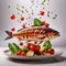 Fresh grilled fish, garnished with vegetables, seafood dish