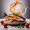 Fresh grilled fish, garnished with vegetables, seafood dish