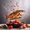 Fresh grilled fish, garnished with vegetables, seafood dish