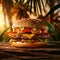 Fresh and grilled meat on a gourmet burger with vegetables