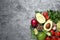 Fresh guacamole ingredients on table, flat lay. Space for text