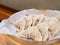 Fresh gyoza steamed Korean dumplings Mandu on bamboo steamer