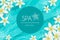 Fresh happy bright branding promotion spa template with white neroli orange flowers, azure cyan blue waterflow and bubbles on back