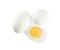 Fresh hard boiled chicken eggs isolated, top view