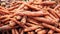 Fresh harvest of carrots close up background. Sale of fresh organic vegetables