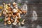 Fresh harvest of porcini mushrooms on wooden table. Lucky result of mushroom picking