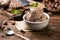 Fresh hazelnut ice cream on wooden table.