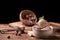 Fresh hazelnut ice cream on wooden table.