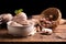 Fresh hazelnut ice cream on wooden table.