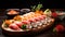 Fresh and healthy asian cuisine: appetizing japanese salmon sushi dish on a wooden board