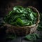 Fresh and Healthy: Baby Spinach Leaves in Rustic Wicker Basket