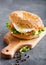 Fresh healthy bagel sandwich with salmon, ricotta and soft egg on vintage chopping board on stone kitchen table background.