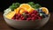 Fresh, healthy fruit salad raspberry, strawberry, blueberry, grape, orange generated by AI