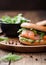 Fresh healthy organic sandwich with salmon and bagel, cream cheese and wild rocket in plate on wooden table background