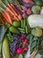 Fresh and healthy organic vegetables and fruits display . top view