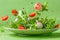 Fresh and healthy salad ingredients arugula, lettuce, radish, and tomato on green background