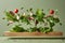 Fresh and healthy salad ingredients on green background arugula, lettuce, radish, and tomato