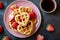 Fresh heart shaped waffles. Valentine's day breakfast treat